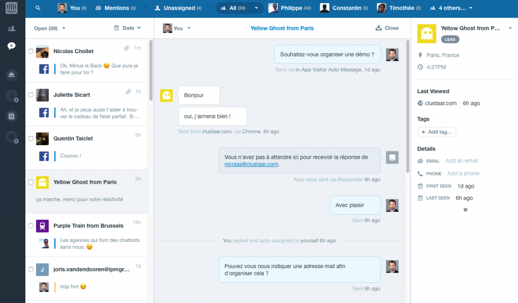 Back-office d'un chatbot Clustaar, intégré à la solution de LiveChat Intercom